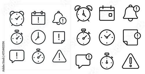 Time management icons set – outline, linear, clocks and reminders symbols