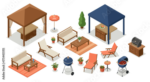 Isometric outdoor patio furniture set featuring pergolas and lounge chairs