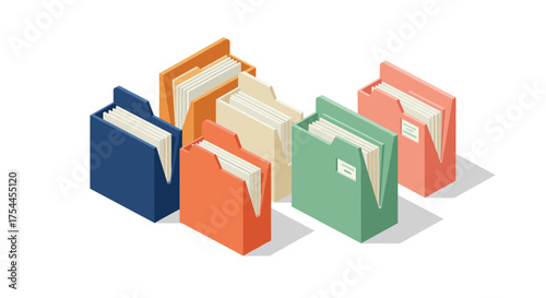 Colorful isometric folders with documents on white background