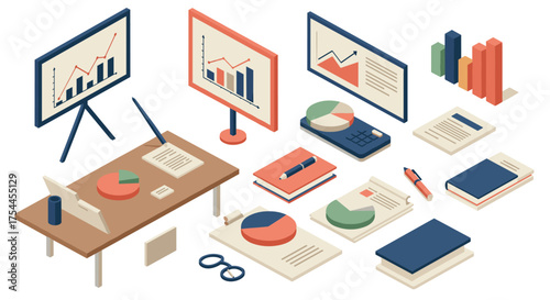 Isometric office desk with charts and graphs for data analysis and business strategy