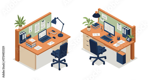 Modern isometric office desks with chairs and computers in a professional workspace setting