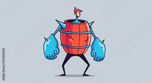 A quirky cartoon warrior with a man's head stands ready for battle inside a spiky wooden barrel torso, wielding disproportionately large blue fists