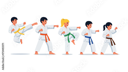 Karate Kids' Demonstration: A vibrant group of young karate students showcases their skill and discipline through a synchronized series of poses and movements.