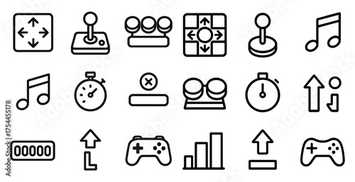 Gaming and entertainment outline icons set – linear, pixel art, joystick symbols