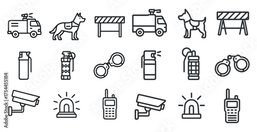 Security and law enforcement outline icons set – linear, surveillance, police tools