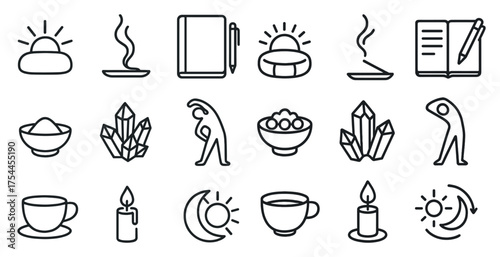 Meditation and relaxation icons set – outline, linear, wellness and mindfulness symbols