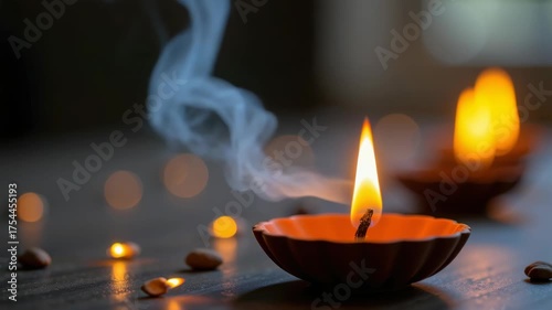 Oil lamp flame and smoke on wooden surface with candlelight and blurred lights creating warm peaceful light for celebration meditation ambiance