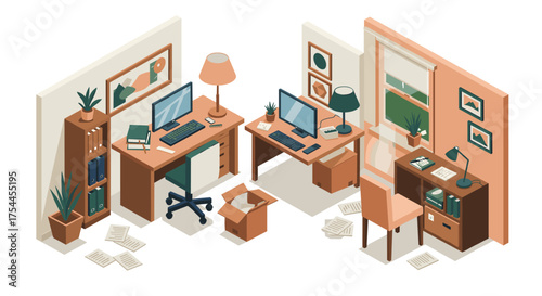 Cozy home office interior with corner desks and modern decor in isometric style