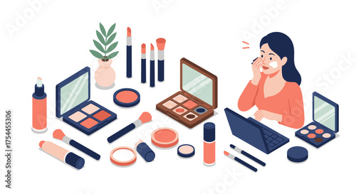 Woman applying makeup at desk with cosmetics and laptop in isometric style