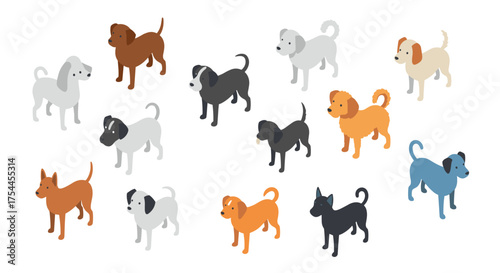 Isometric dogs illustration: diverse breeds in vibrant colors on white background