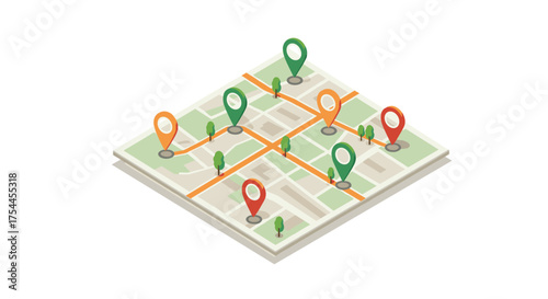 Isometric city map with colorful location markers and streets