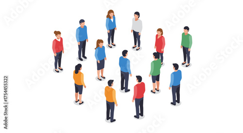 Diverse group of people in discussion circle on white background in isometric style