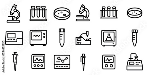 Laboratory equipment line icons set – flat, outline, science and research symbols