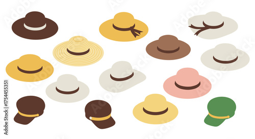 Colorful collection of isometric summer hats on white background