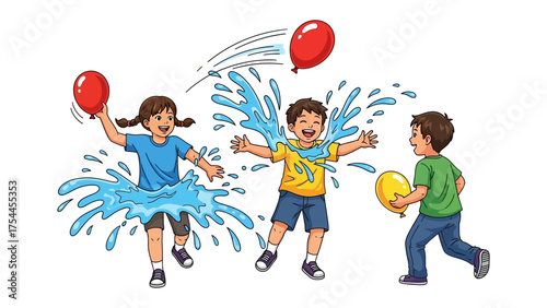 Water Balloon Fun: A playful scene unfolds as children engage in a joyous water balloon fight, laughter and splashes filling the air, capturing the essence of summer joy.