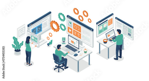 Isometric office teamwork and digital collaboration concept with computers and diagrams