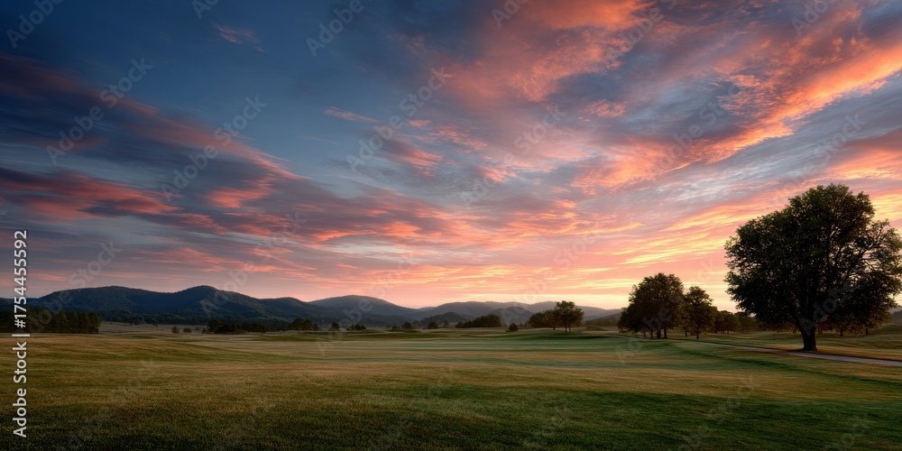 Fototapeta premium A scenic landscape featuring rolling hills, a vibrant sunset, and a lush green field with scattered trees under a dramatic sky.