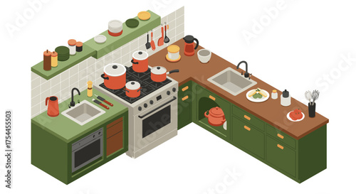 Modern isometric kitchen design with appliances and essentials in green and brown