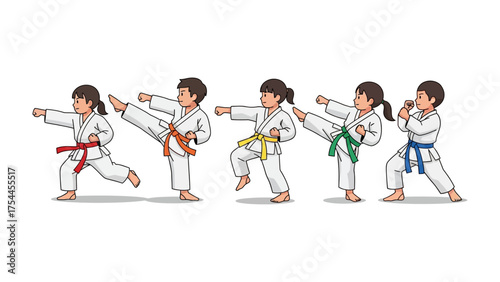 Karate Kids in Action: A group of young karate practitioners, each adorned with a different colored belt, execute dynamic martial arts moves with focused determination.