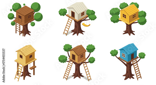 Variety of isometric treehouses with ladders and trees in different designs