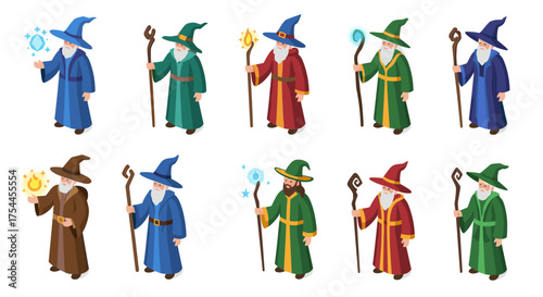 Colorful isometric wizards with magical staffs in various robes and hats