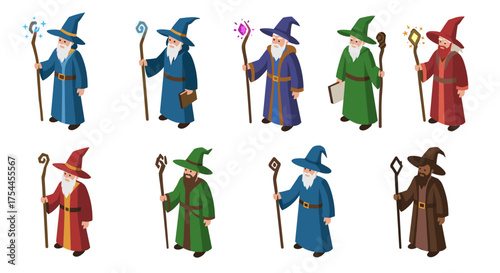Isometric wizards in colorful robes with magical staffs
