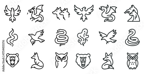 Mythical creatures outline icons set – flat, linear, fantasy and legend designs