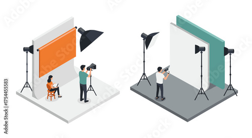Isometric photography studio setup with lighting equipment and photographers in action