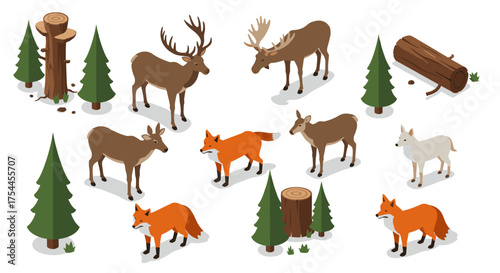 Isometric forest animals and trees set including deer and fox