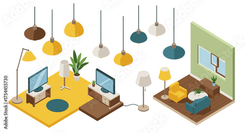 Isometric interior designs with modern furniture and lighting fixtures