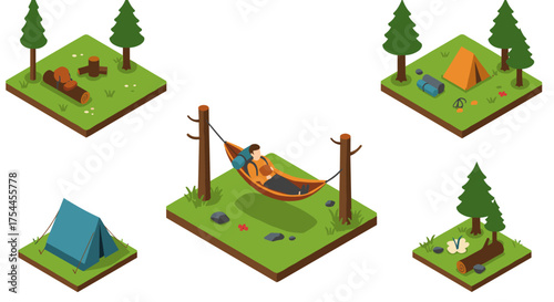 Isometric camping scenes with tents and hammock in forest settings