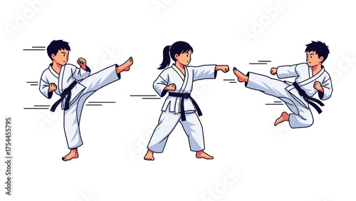 Martial Arts Demonstration: Dynamic illustration of young karate students showcasing powerful kicks and punches in traditional attire, highlighting discipline and skill.