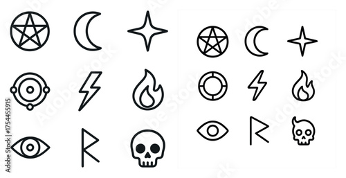 Mystical and magical outline icons set – flat, line, spiritual and occult symbols