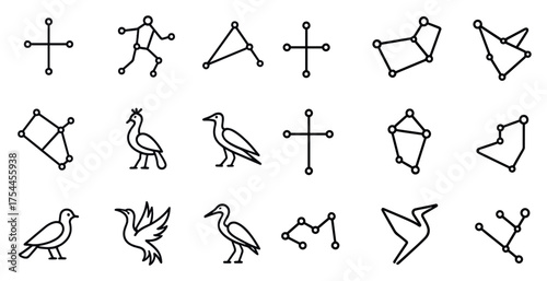 Astronomy and birdwatching outline icons set – cosmic, celestial, avian symbols