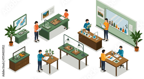 Isometric science classroom: students engaging with experiments and research projects