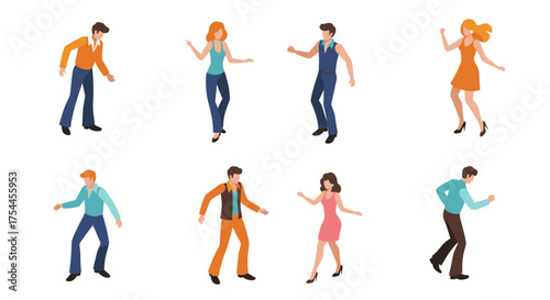 Isometric dancing people in colorful outfits on white background