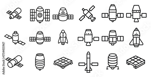 Space exploration icons set – outline, linear, astronomy and satellite symbols