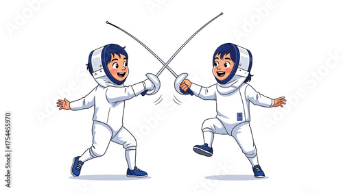 Fencing Duel: Two young fencers engage in a thrilling match, blades crossed with precision, showcasing their skill and agility. A dynamic display of technique and sport.