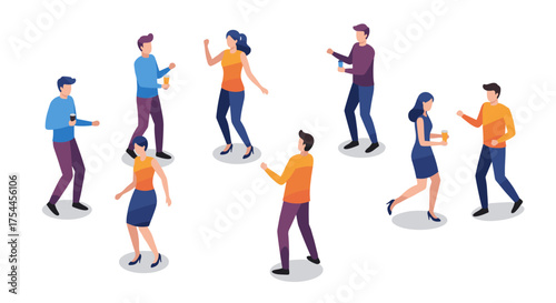 People socializing at a casual event in isometric style
