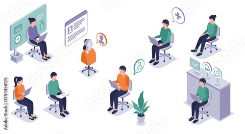 Wallpaper Mural Isometric workspace with remote team collaboration and virtual communication elements Torontodigital.ca