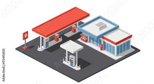 Isometric gas station with modern architecture and fuel pumps