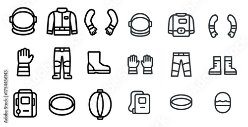 Space exploration outline icons set – flat, filled, astronaut and galaxy symbols