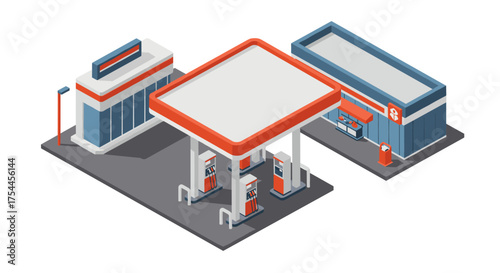 Modern isometric gas station design with convenience store in urban setting
