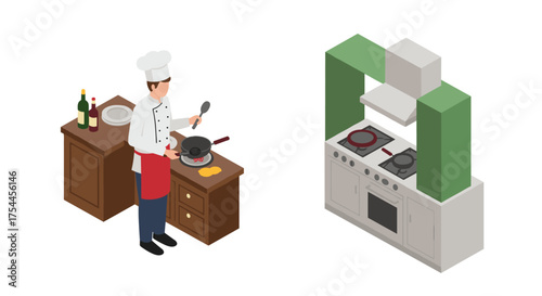 Isometric chef cooking in kitchen with modern appliances and ingredients
