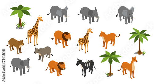 Isometric safari animals set with elephants, giraffes, lions, zebras, and trees