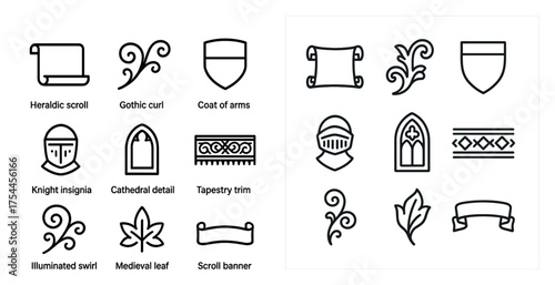 Medieval and heraldic outline icons set – line, armor, gothic design symbols