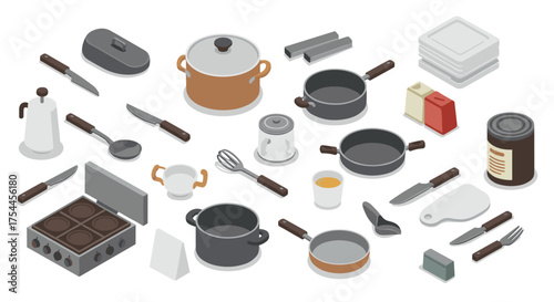 Isometric kitchenware collection with cooking utensils and appliances