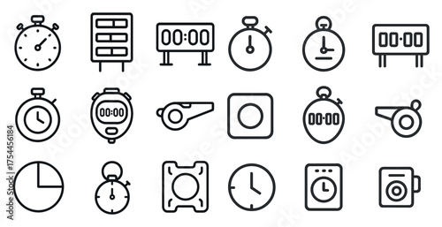 Time management outline icons set – linear, clock, stopwatch, schedule symbols