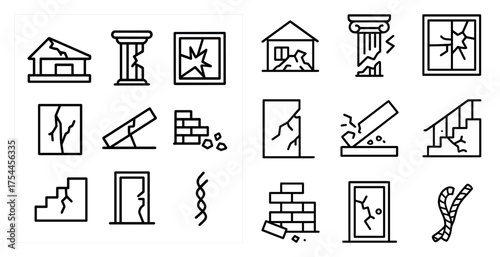 Earthquake disaster linear icons set – outline, natural calamity, broken structures