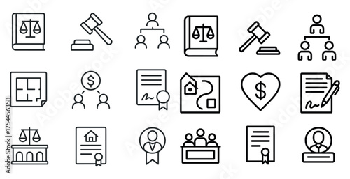 Legal and justice outline icons set – line, linear, court and law symbols